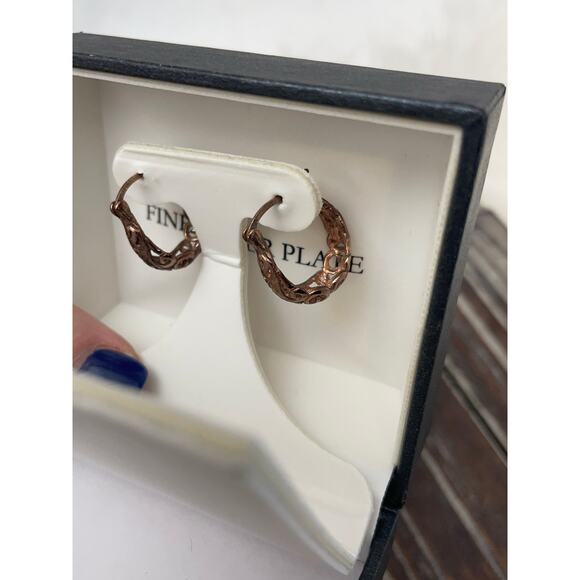 Women's Small Hoop Earrings Copper Colored Silver Plated Filagree - Picture 6 of 7